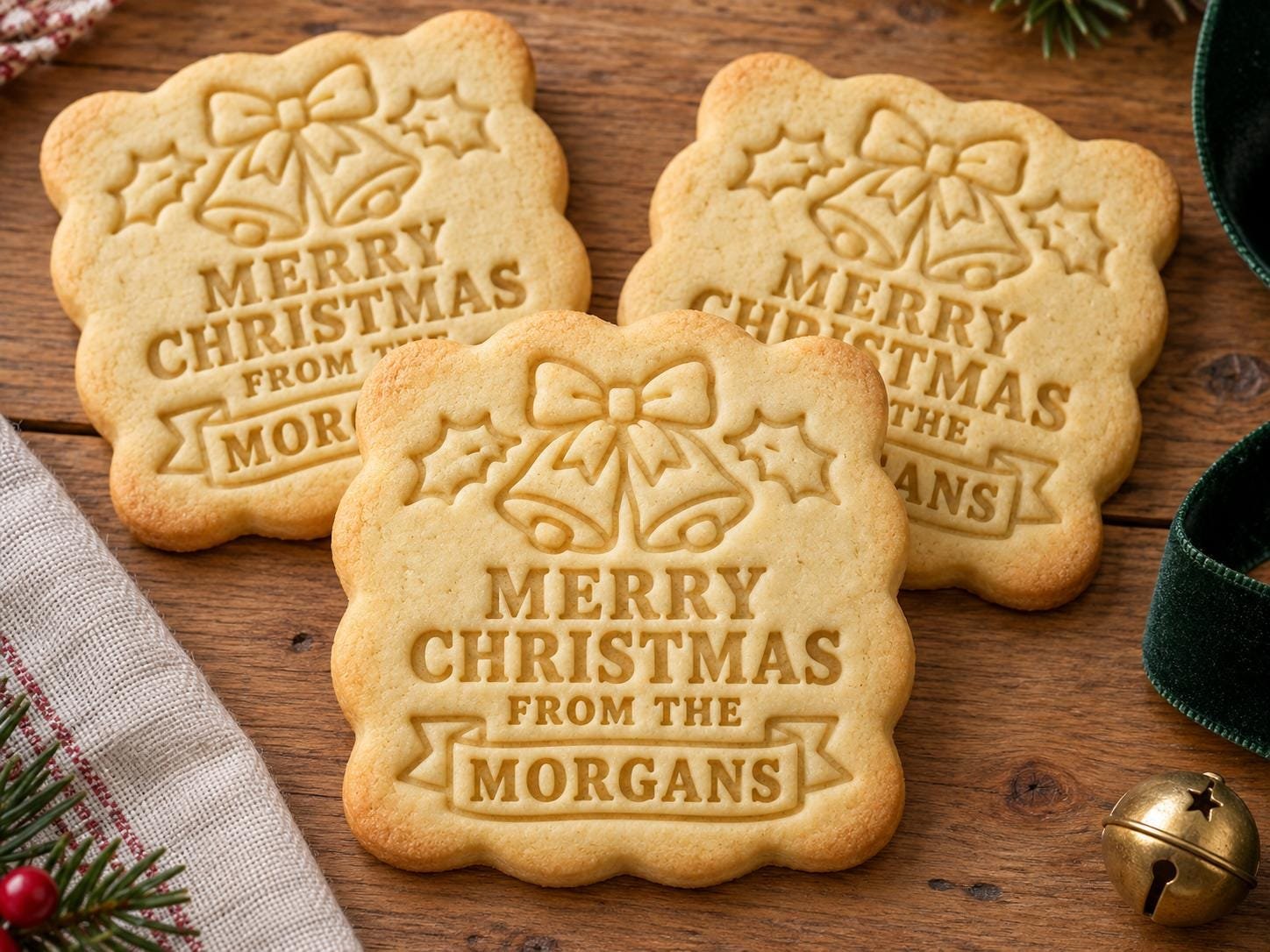 Personalized Christmas Bells Cookie Cutter and Stamp Set, Scalloped Square Family Name, 3 Inch