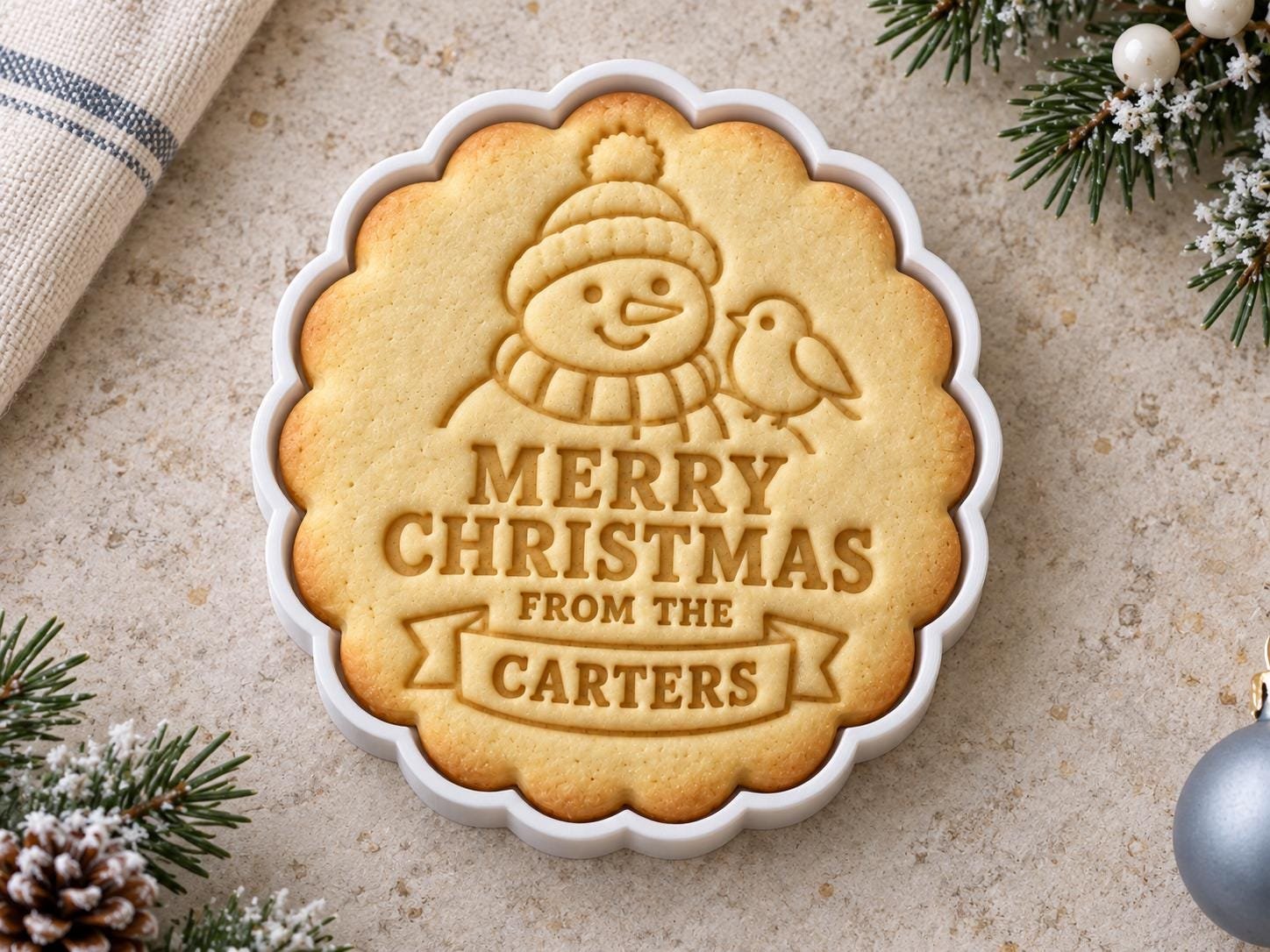 Personalized Snowman and Robin Cookie Cutter and Stamp Set, Christmas Family Name, 3 Inch - Image 3