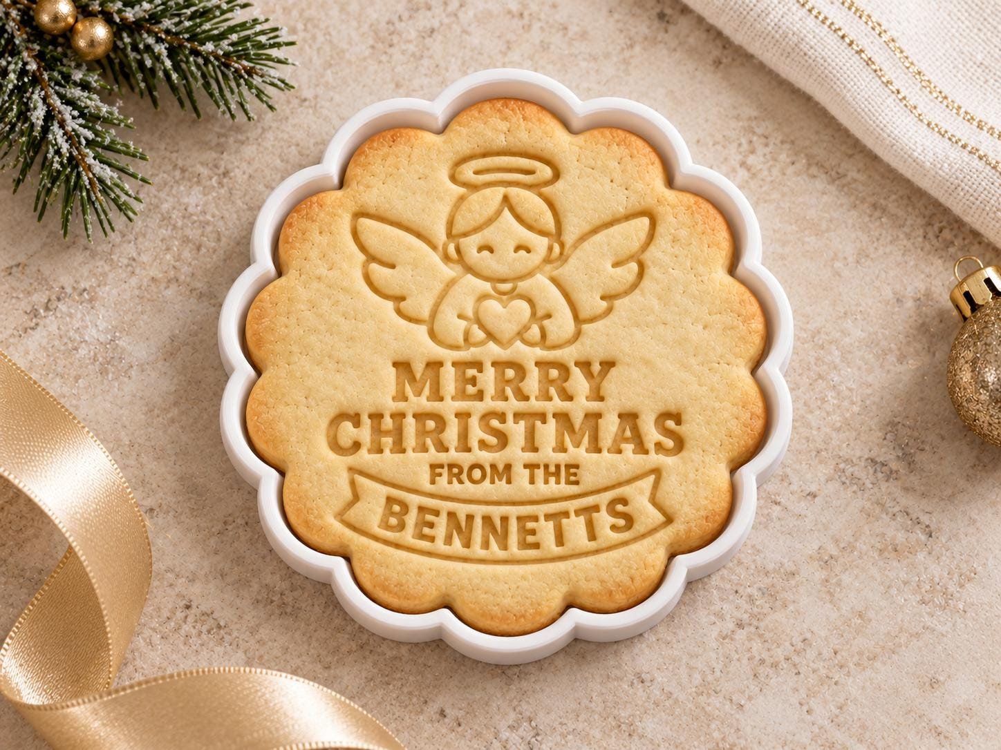 Personalized Christmas Angel Cookie Cutter and Stamp Set, Scalloped Family Name, 3 Inch - Image 3