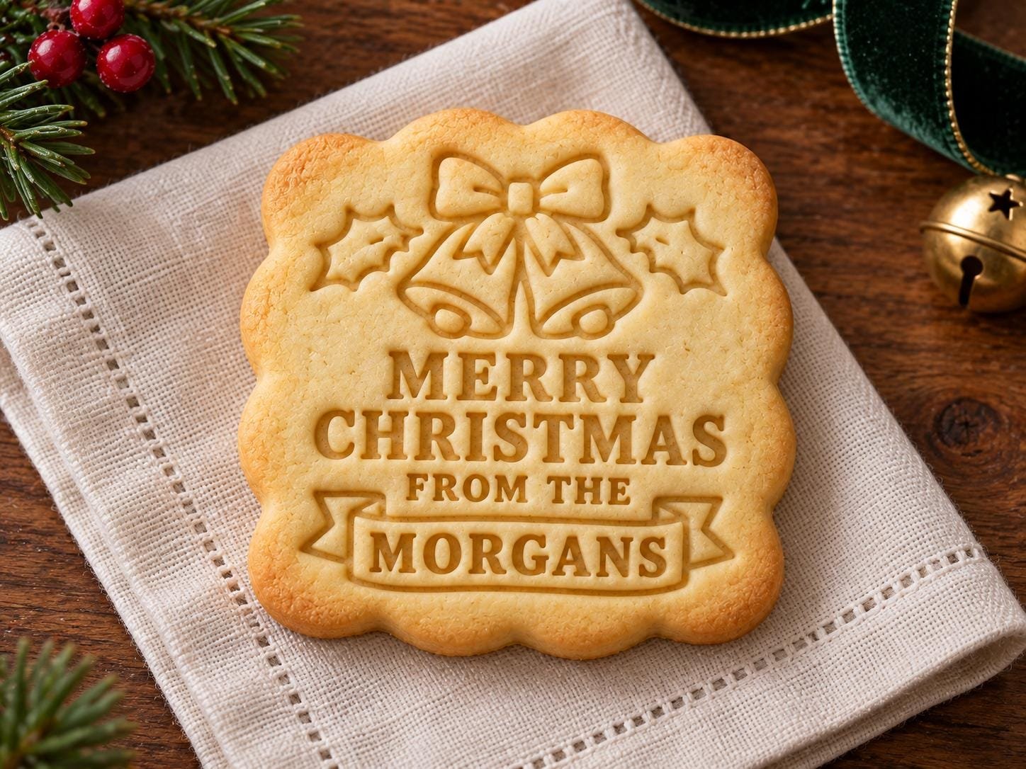 Personalized Christmas Bells Cookie Cutter and Stamp Set, Scalloped Square Family Name, 3 Inch - Image 2
