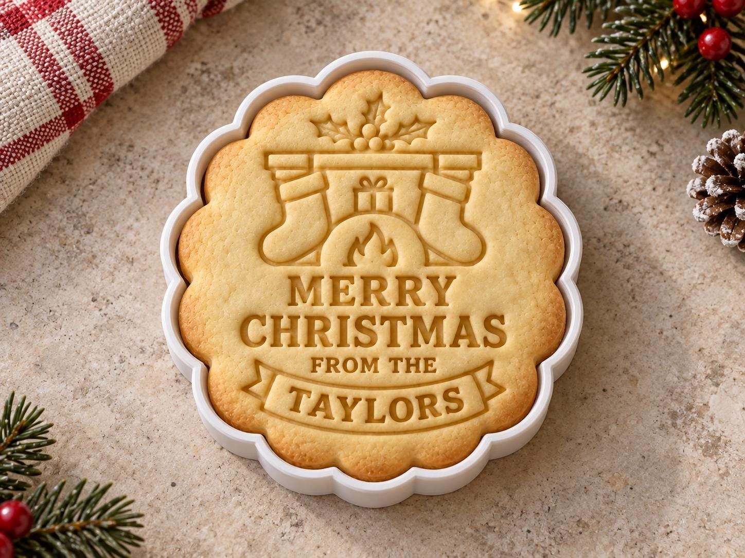Personalized Christmas Fireplace Cookie Cutter and Stamp Set, Stockings Family Name, 3 Inch - Image 3