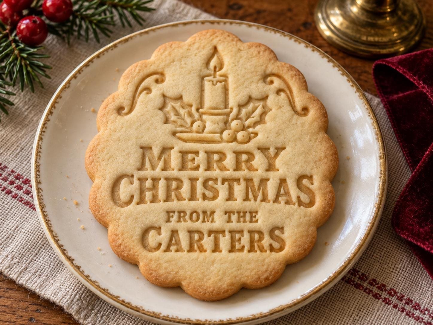 Personalized Christmas Candle Cookie Cutter and Stamp Set, Vintage Holly Family Name, 3 Inch