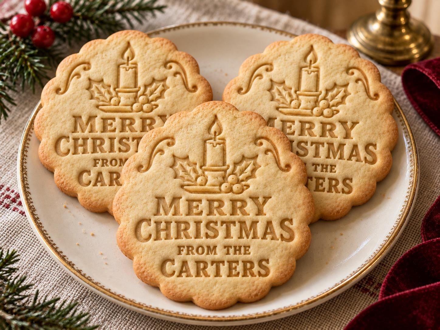 Personalized Christmas Candle Cookie Cutter and Stamp Set, Vintage Holly Family Name, 3 Inch - Image 2