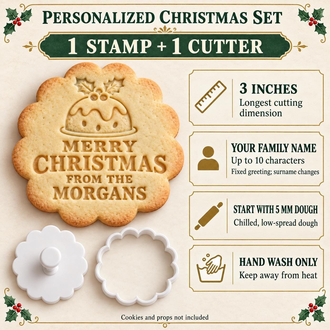 Personalized Christmas Pudding Cookie Cutter & Stamp Set, Custom Family Name (3 Inch) - Image 3