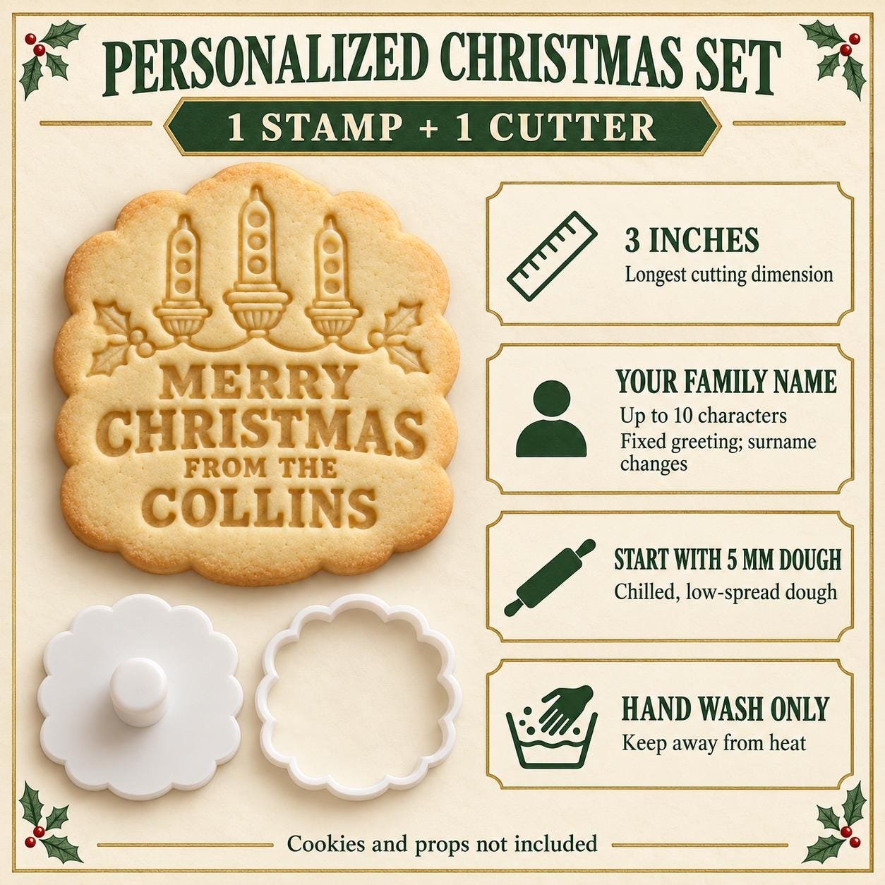 Personalized Christmas Cookie Cutter & Stamp Set, Retro Bubble Lights Design (3 Inch) - Image 3