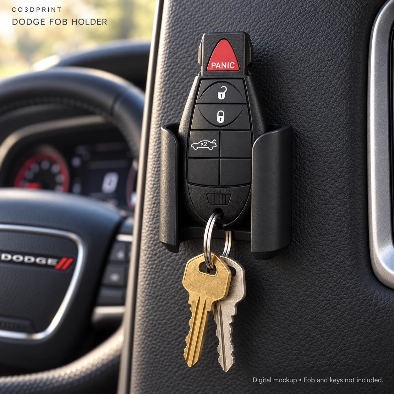 Dodge Fobik Key Holder, Black Adhesive Dash Mount, Original or Cover Fits