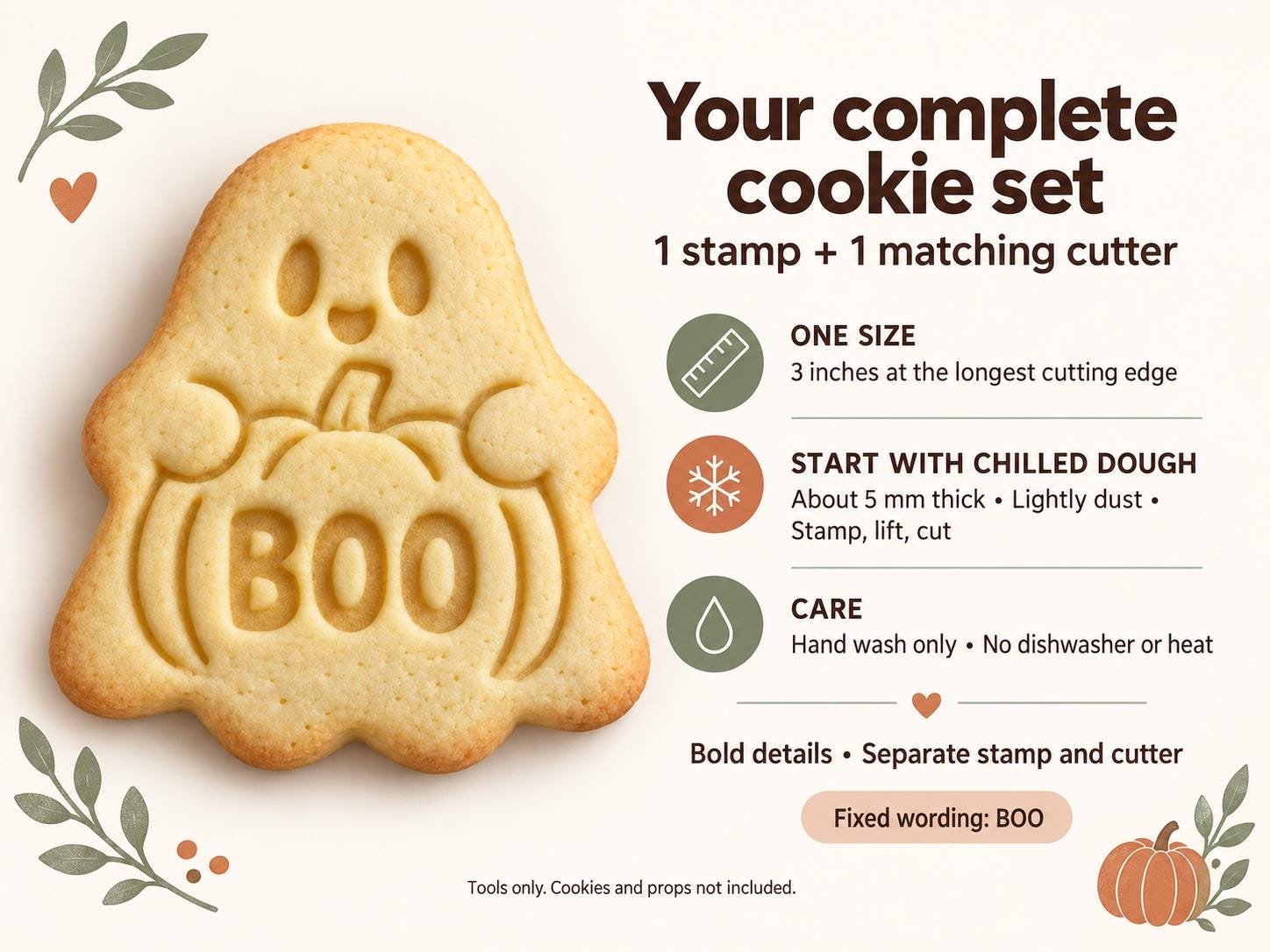 Ghost Pumpkin Cookie Cutter and Stamp Set, BOO Halloween Baking Design, 3 Inch - Image 3