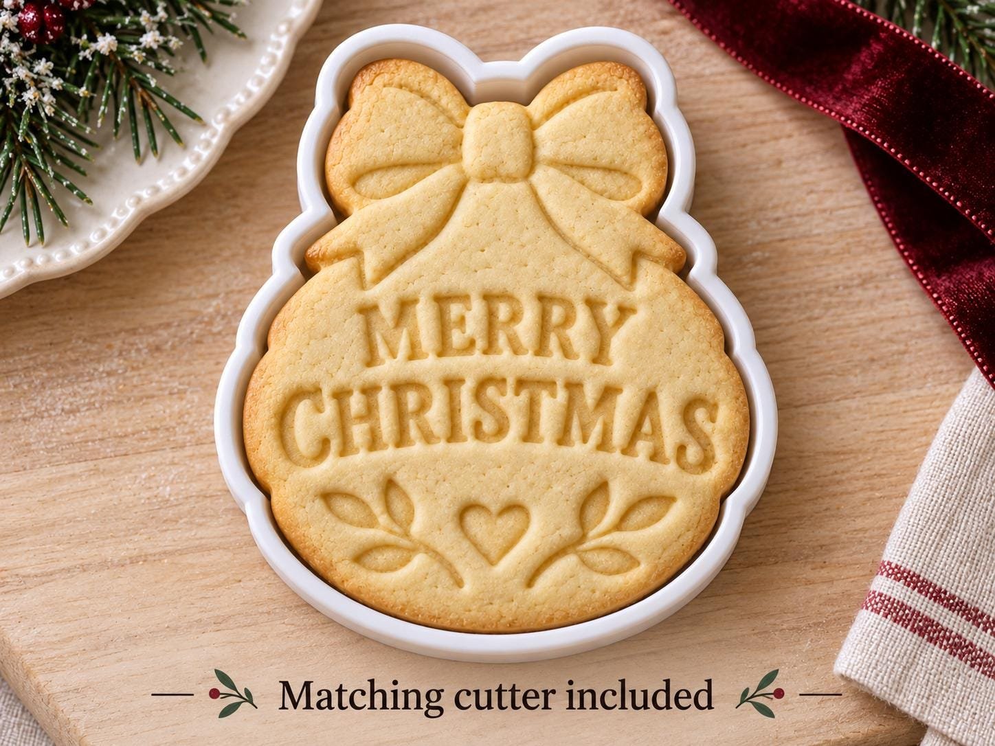 Personalized Christmas Ornament Cookie Cutter and Stamp Set, Scalloped Bow Design, 3 Inch - Image 4