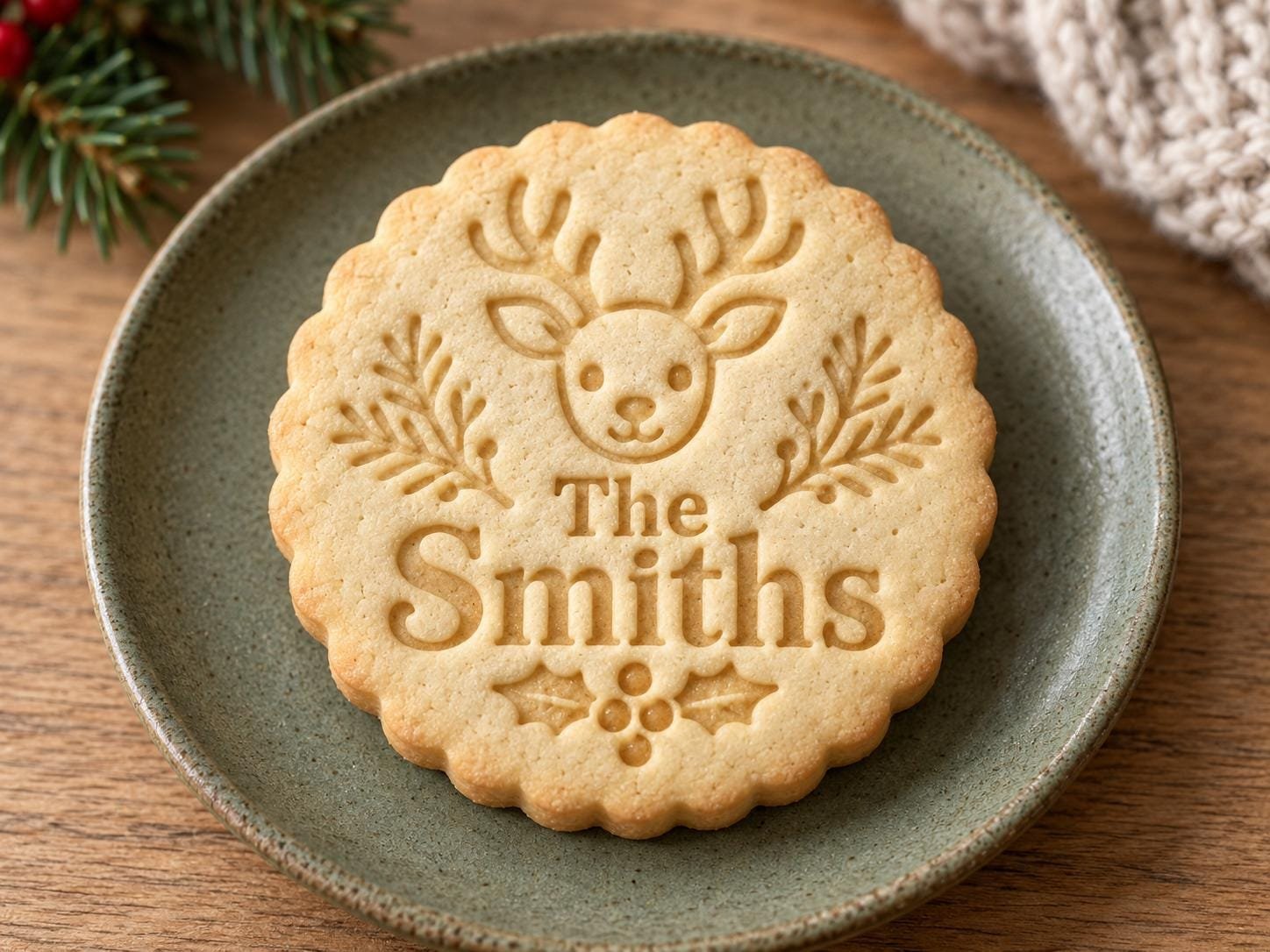 Personalized Reindeer Cookie Stamp and Scalloped Cutter, Custom Christmas Family Name