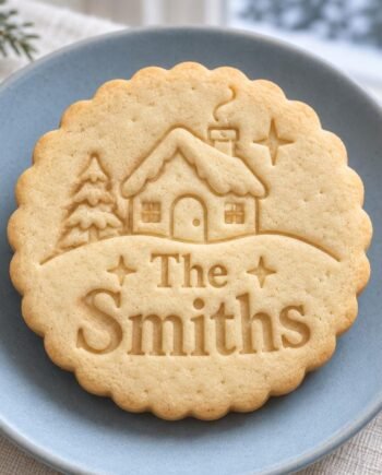 Personalized Christmas Village Cookie Stamp and Scalloped Cutter, Custom Family Name