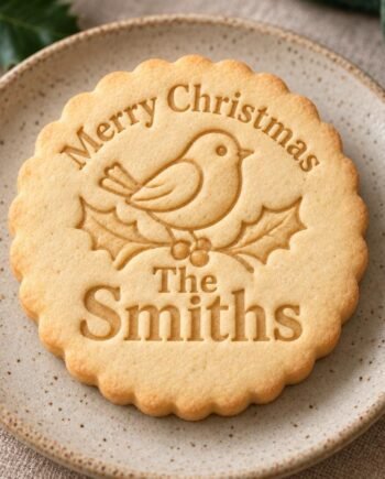 Holly Robin Christmas Cookie Stamp and Scalloped Cutter, Personalized Family Name