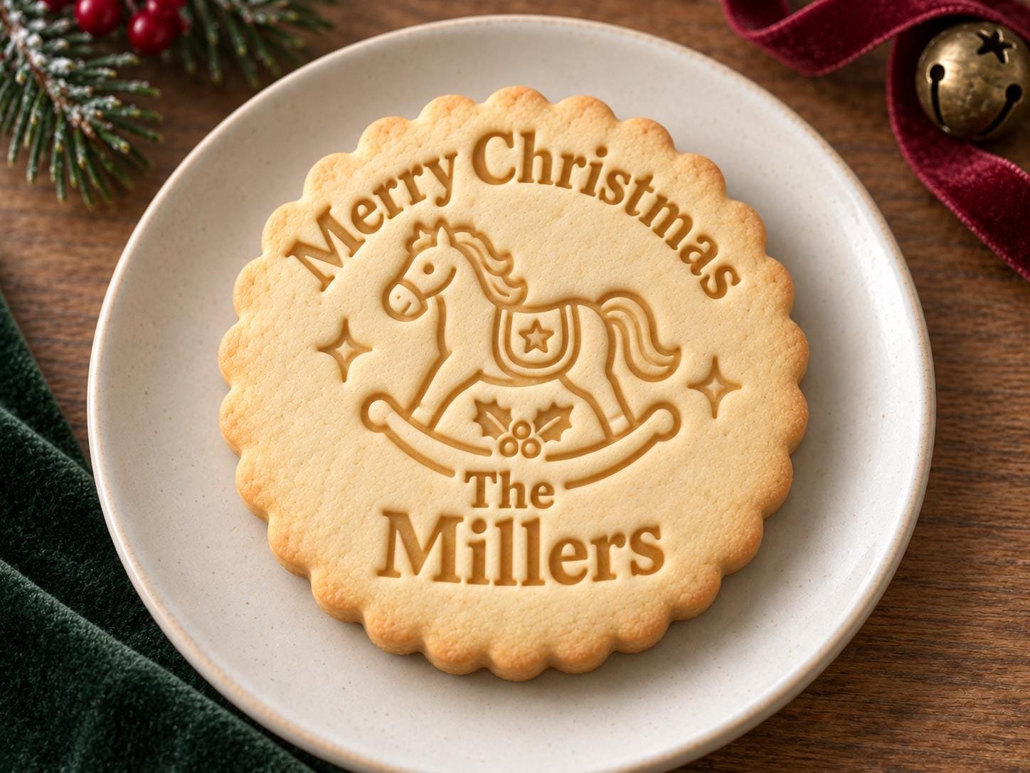 Rocking Horse Christmas Cookie Stamp and Scalloped Cutter, Personalized Family Name