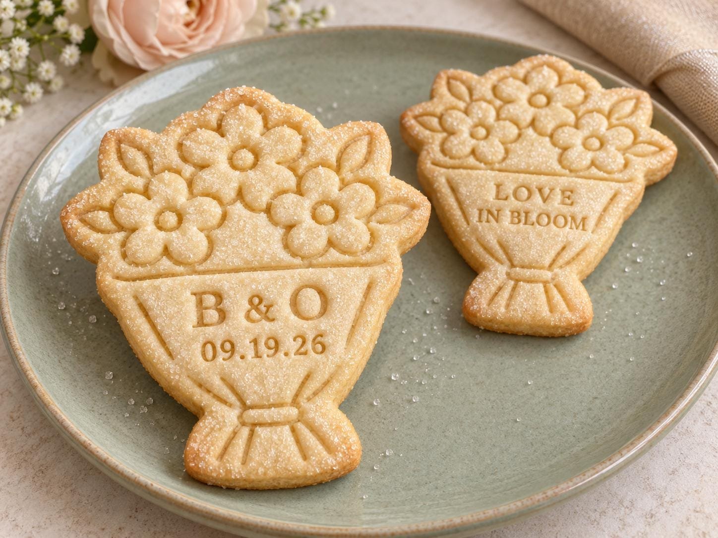 Bridal Bouquet Cookie Stamp and Cutter, Personalized Wedding Initials and Date, 3 Inch - Image 2