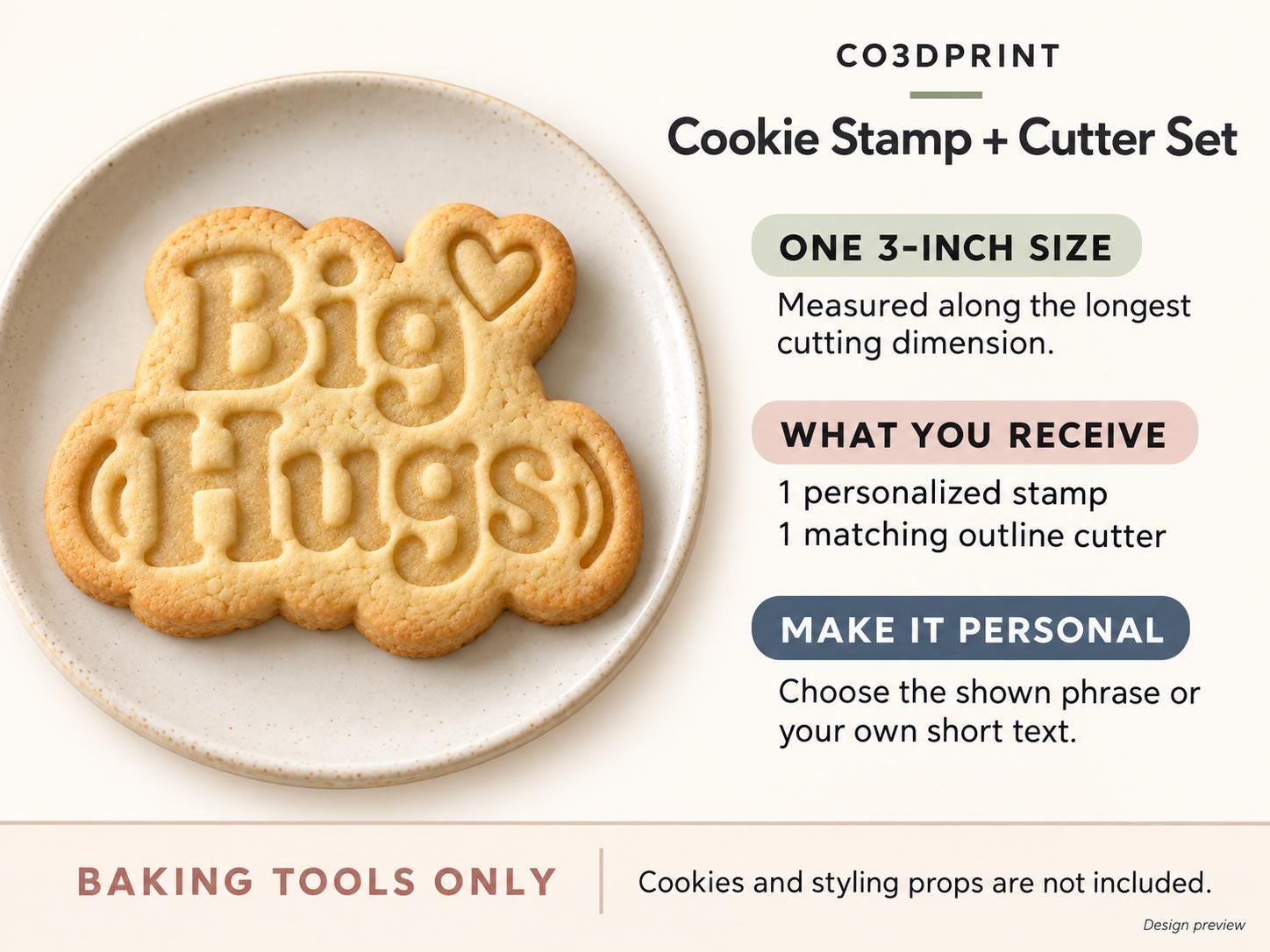 Big Hugs Cookie Cutter and Stamp Set, Personalized Heart Design, 3 Inch - Image 3