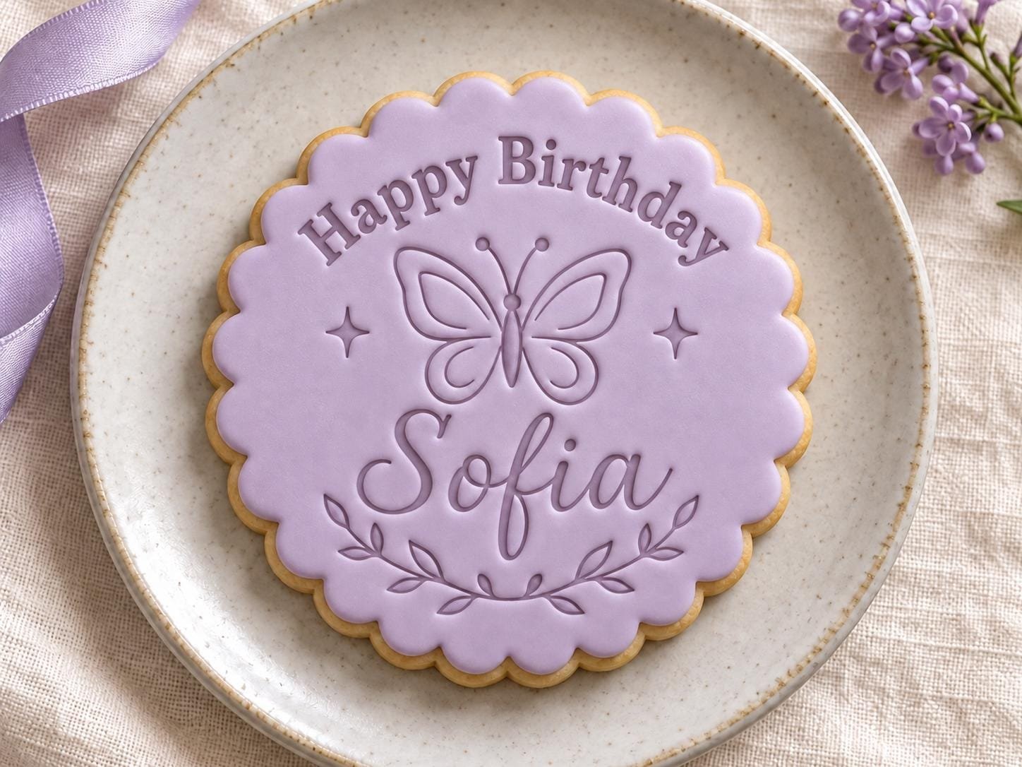 Butterfly Birthday Cookie Stamp and Scalloped Cutter, Personalized Name
