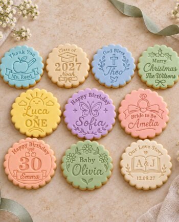 Personalized Cookie Stamp and Scalloped Cutter, 10 Birthday, Wedding and Celebration Designs