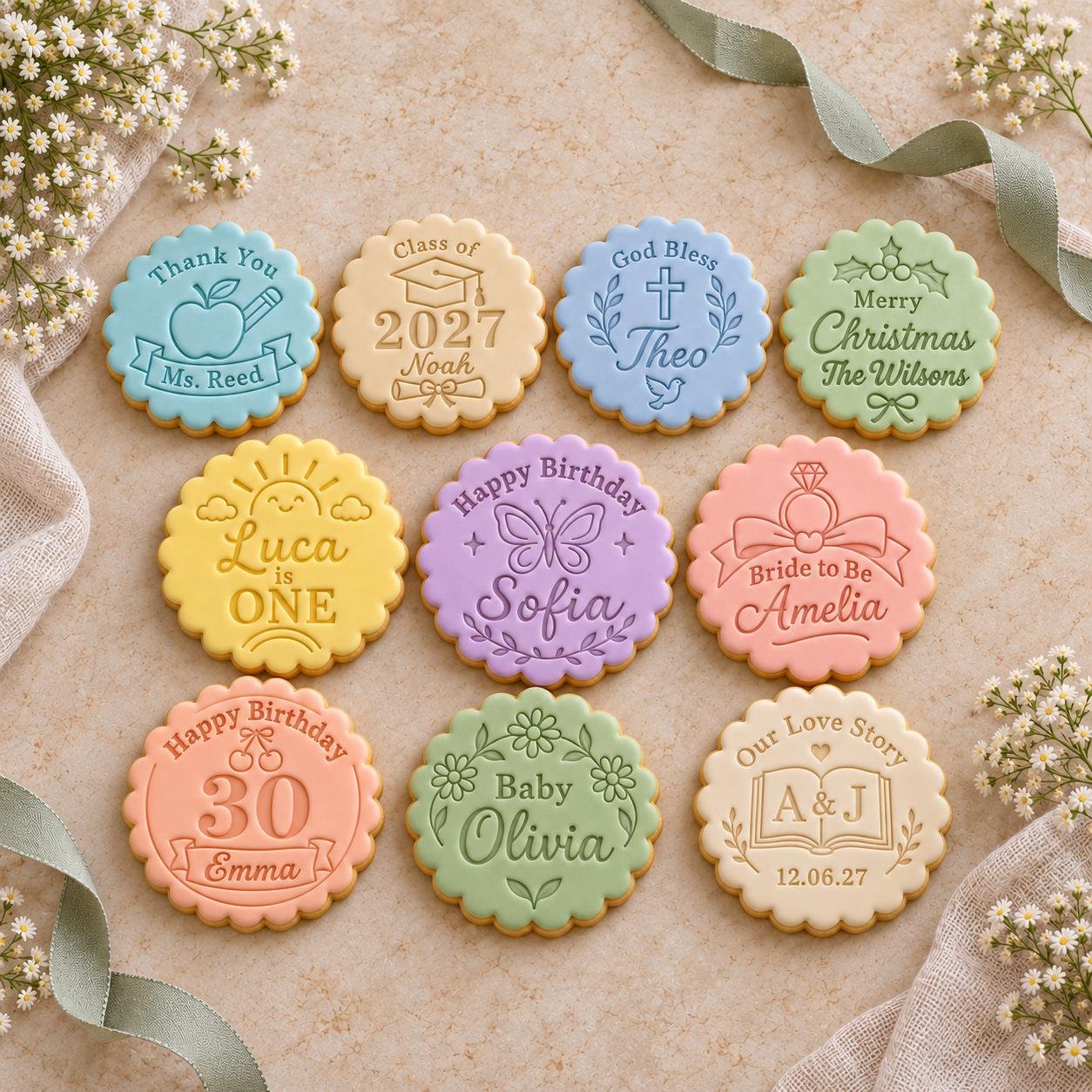 Personalized Cookie Stamp and Scalloped Cutter, 10 Birthday, Wedding and Celebration Designs