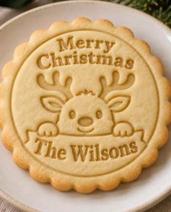Personalized Reindeer Cookie Stamp and Scalloped Cutter, Merry Christmas Family Name