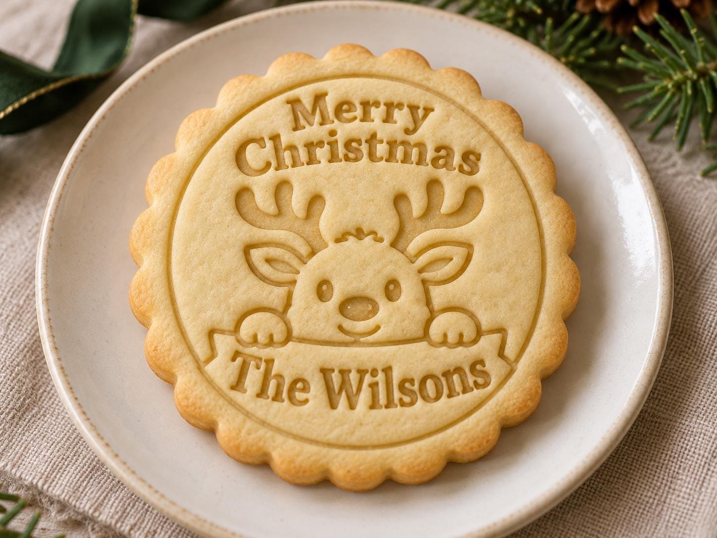 Personalized Reindeer Cookie Stamp and Scalloped Cutter, Merry Christmas Family Name