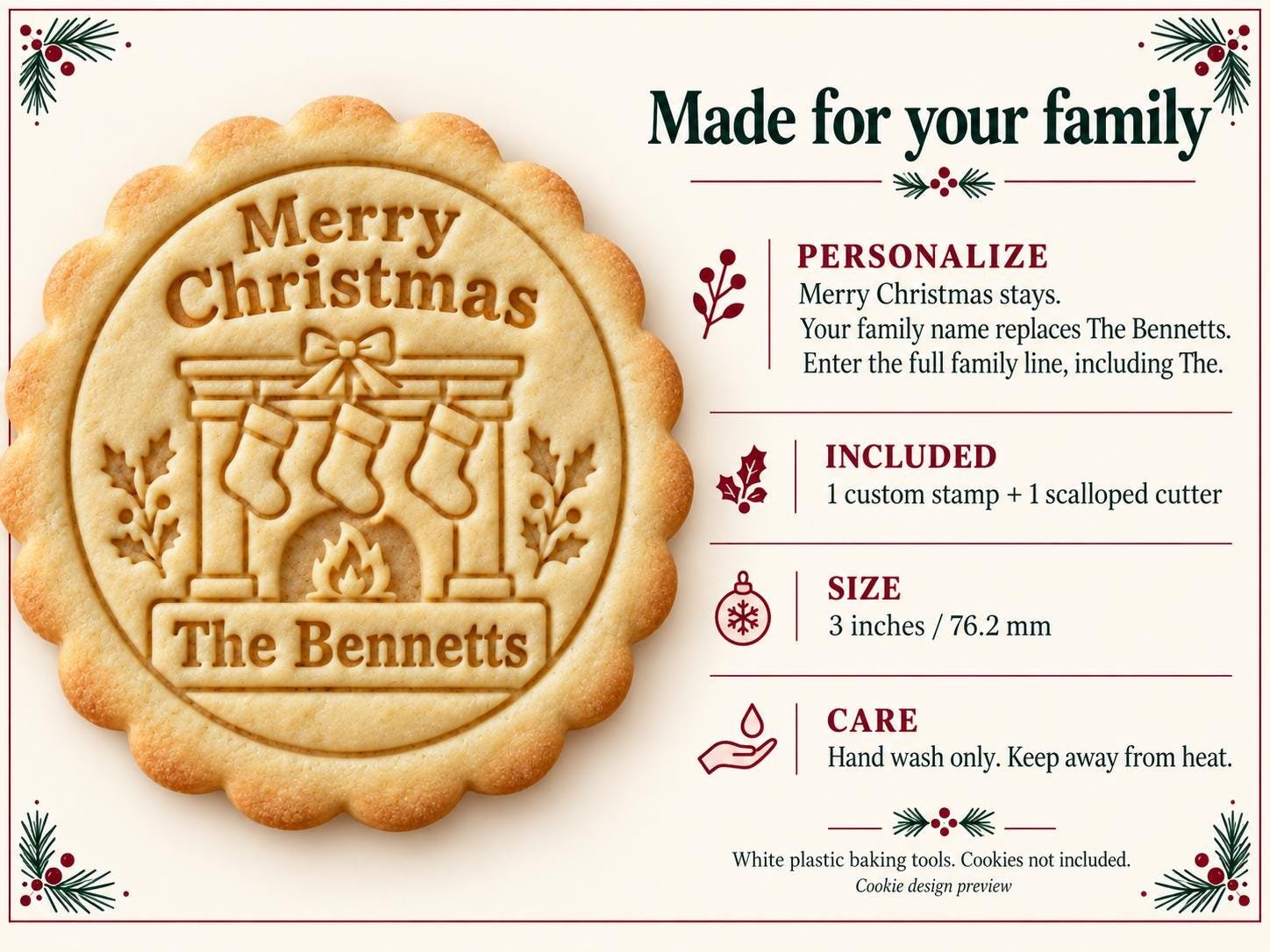 Personalized Christmas Fireplace Cookie Stamp and Scalloped Cutter, Family Name and Stockings - Image 2