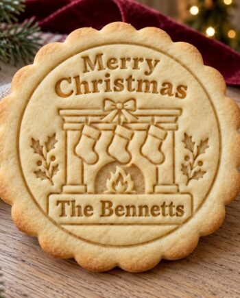 Personalized Christmas Fireplace Cookie Stamp and Scalloped Cutter, Family Name and Stockings