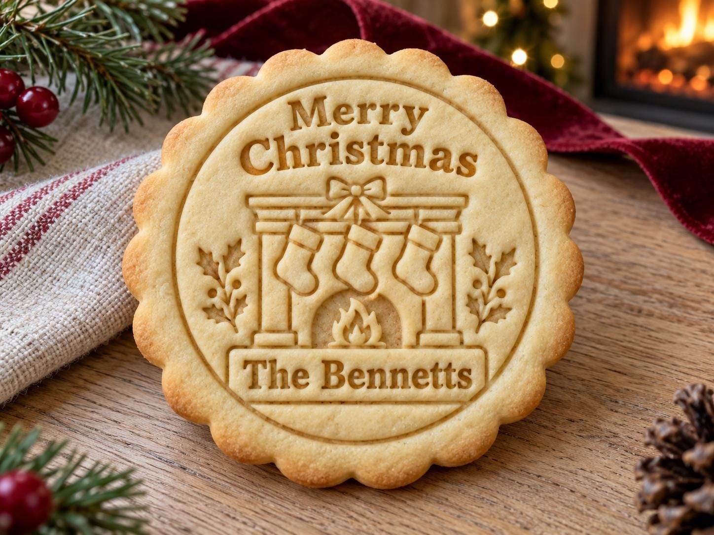 Personalized Christmas Fireplace Cookie Stamp and Scalloped Cutter, Family Name and Stockings