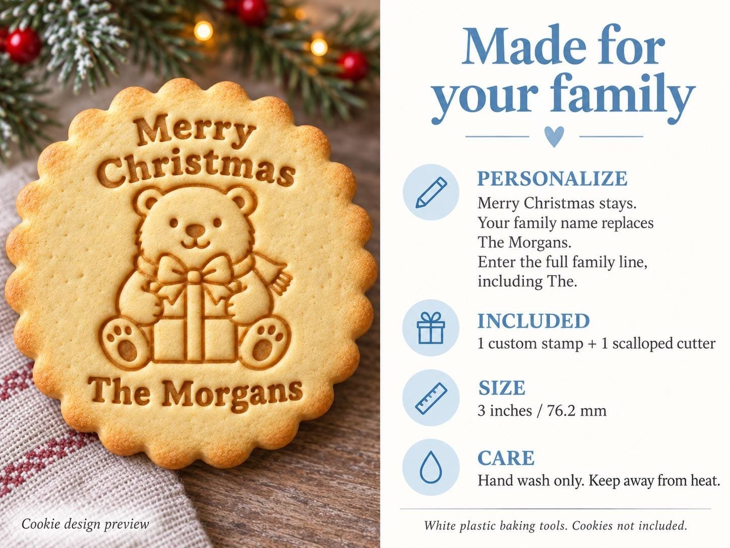 Personalized Polar Bear Cookie Stamp and Scalloped Cutter, Christmas Family Name - Image 2