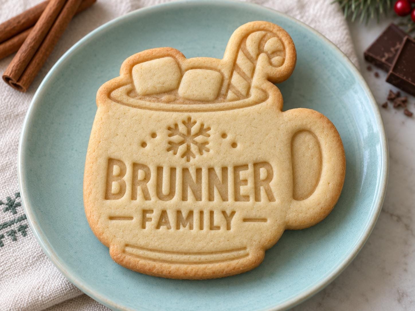 Personalized Cocoa Mug Cookie Stamp and Scalloped Cutter, Christmas Family Surname
