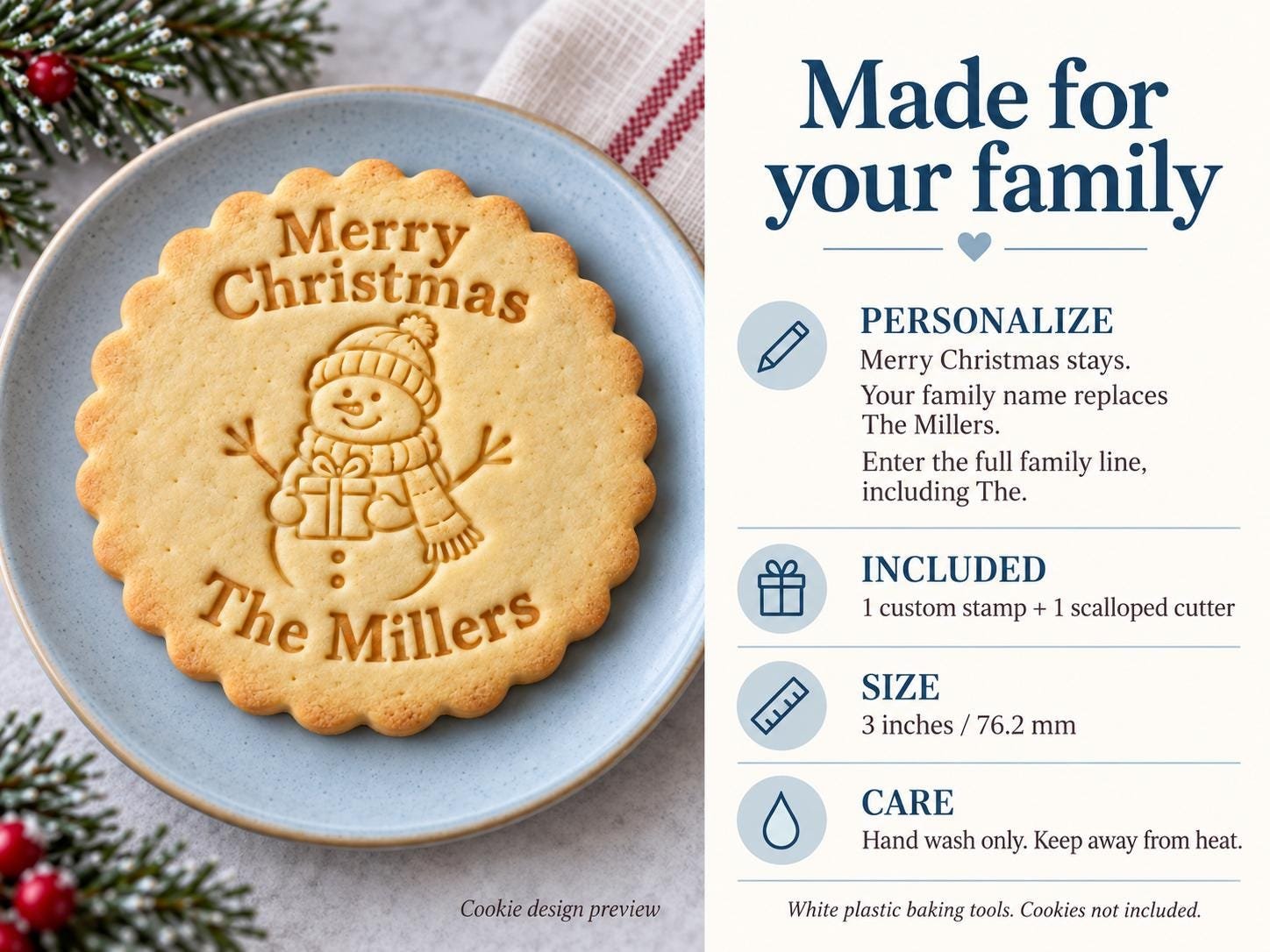 Personalized Christmas Snowman Cookie Stamp and Scalloped Cutter, Custom Family Name - Image 2