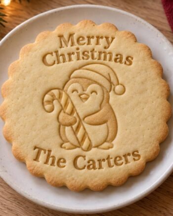 Personalized Christmas Penguin Cookie Stamp and Scalloped Cutter, Custom Family Name