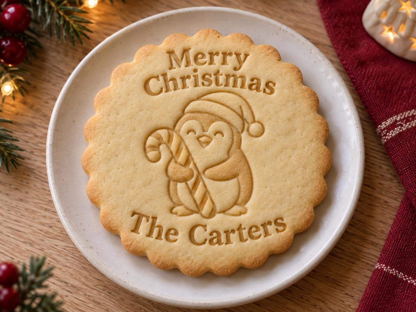 Personalized Christmas Penguin Cookie Stamp and Scalloped Cutter, Custom Family Name