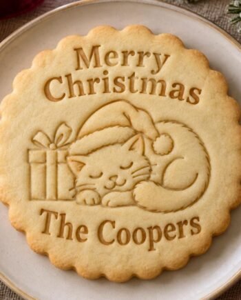 Personalized Christmas Sleeping Cat Cookie Stamp and Scalloped Cutter, Custom Family Name