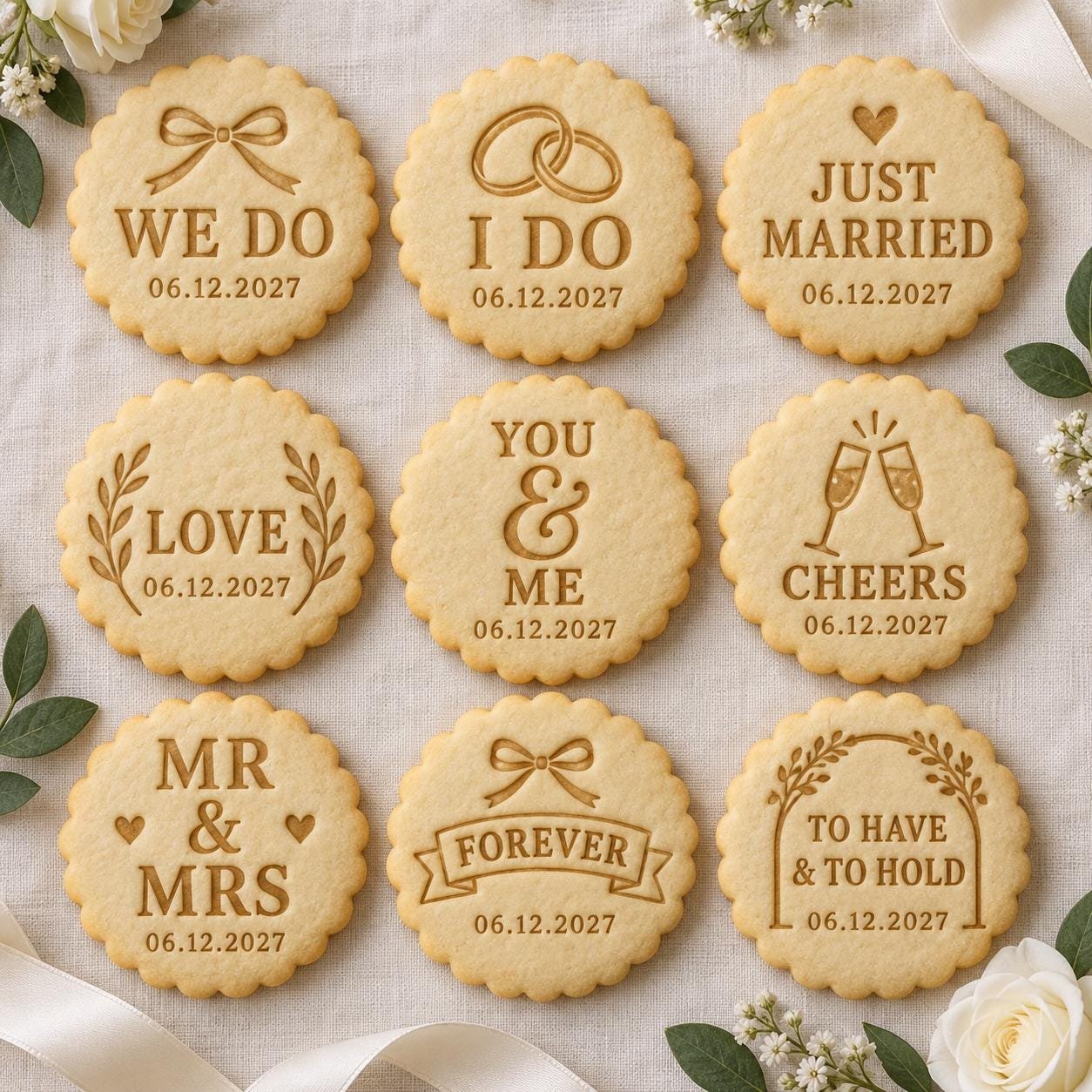 Personalized Wedding Cookie Stamp and Scalloped Cutter, Names and Date, 9 Design Choices