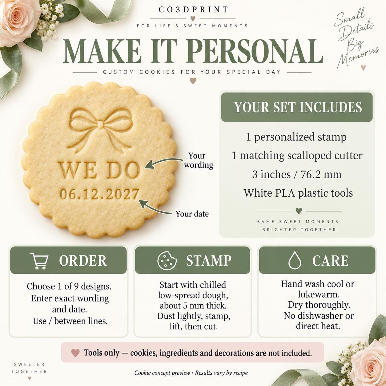 Personalized Wedding Cookie Stamp and Scalloped Cutter, Names and Date, 9 Design Choices - Image 4