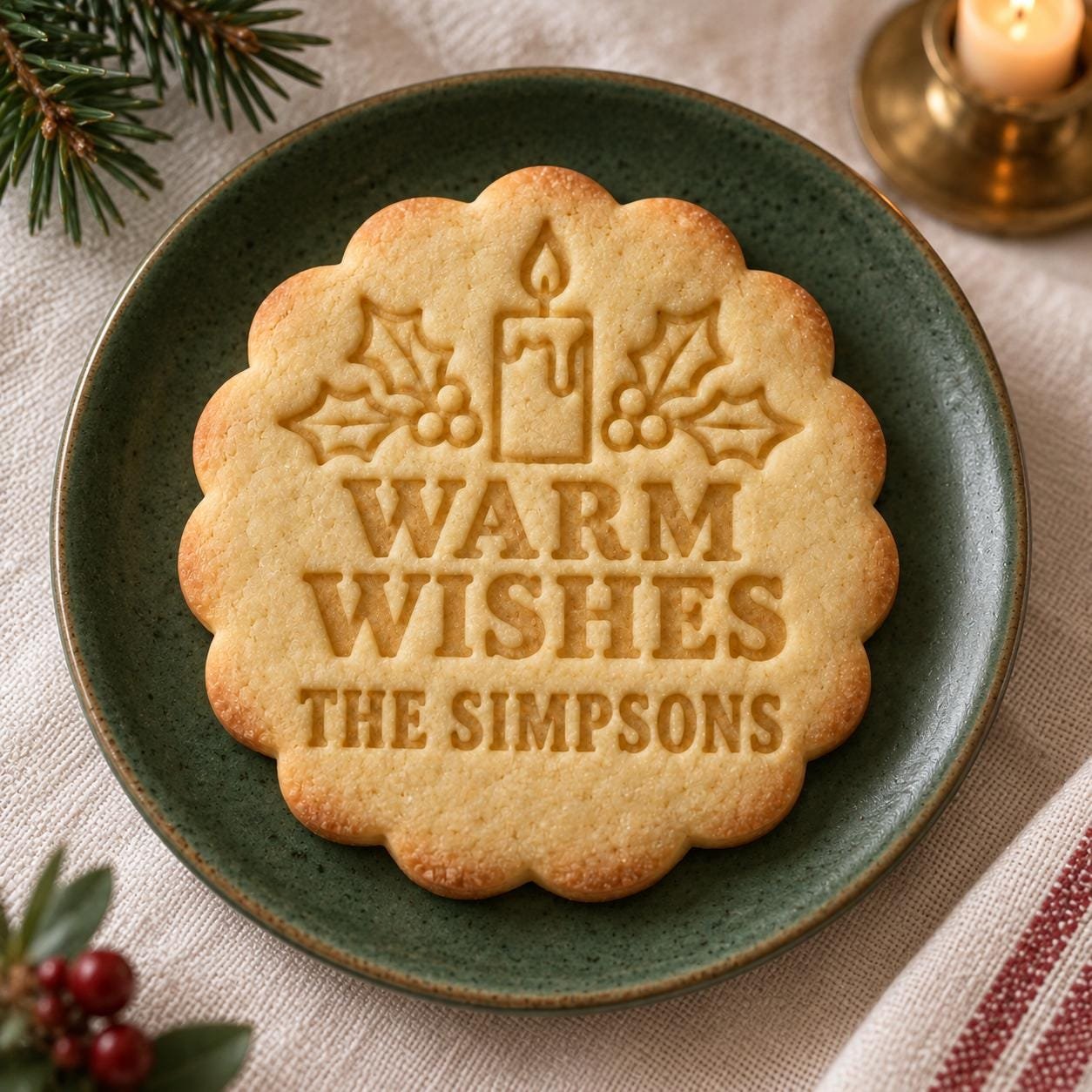 Personalized Christmas Candle Cookie Stamp and Cutter, Warm Wishes, Custom Name, Scalloped 3 Inch - Image 2