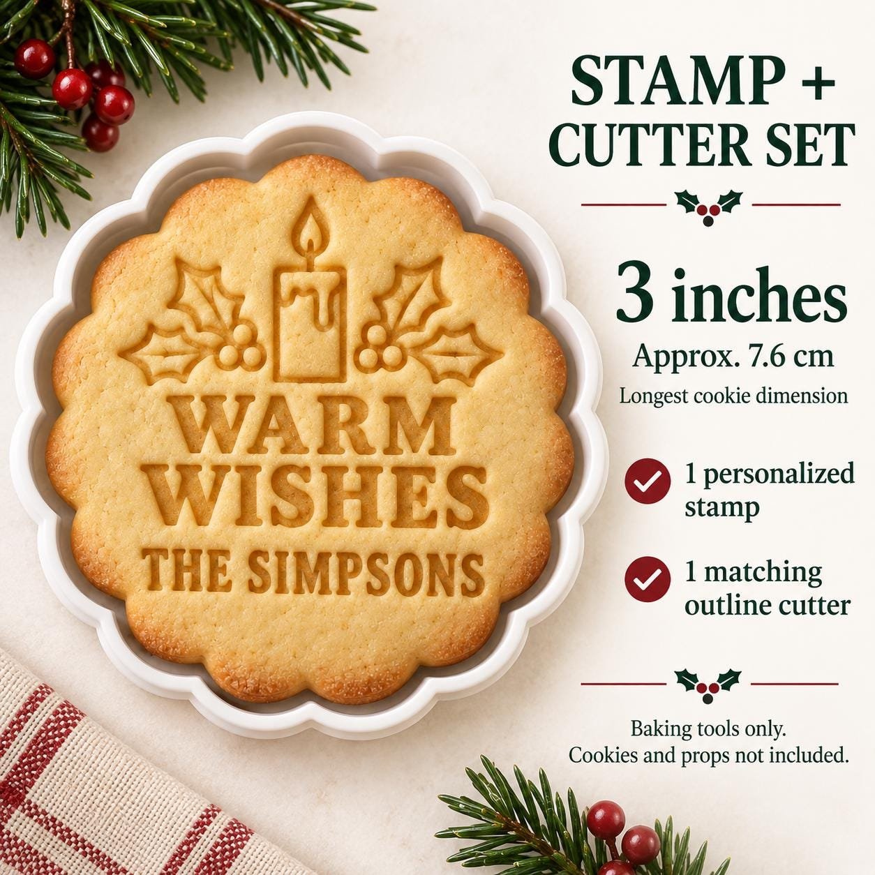Personalized Christmas Candle Cookie Stamp and Cutter, Warm Wishes, Custom Name, Scalloped 3 Inch - Image 4
