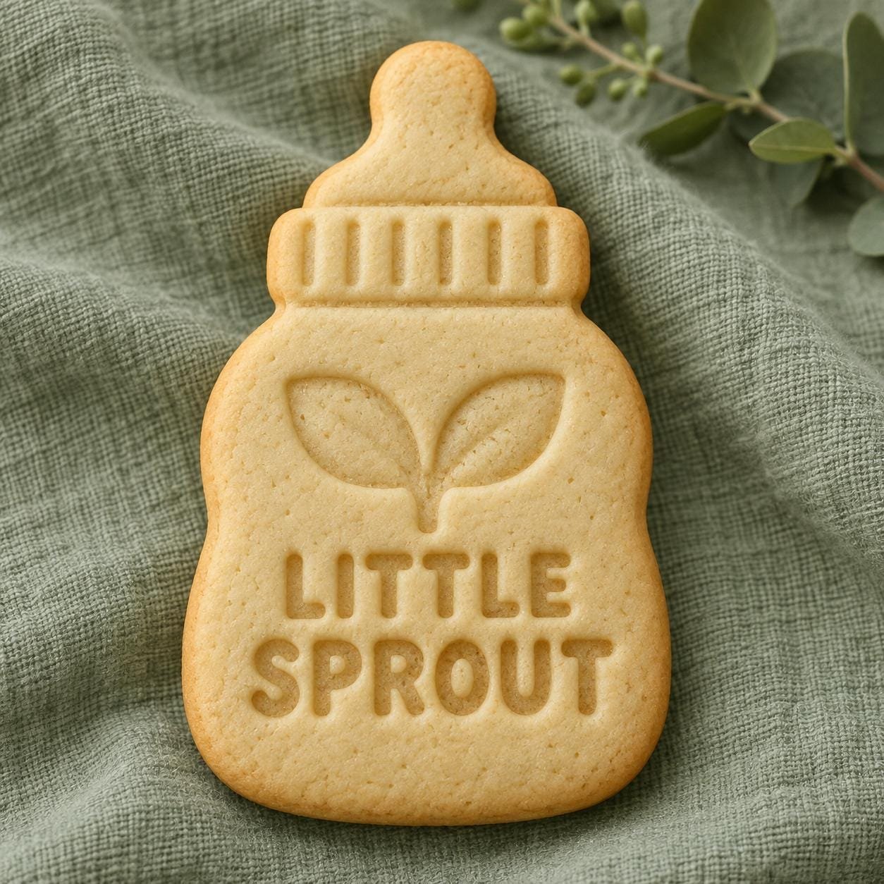 Little Sprout Baby Bottle Cookie Stamp and Cutter, Optional Name, Botanical Baby Shower