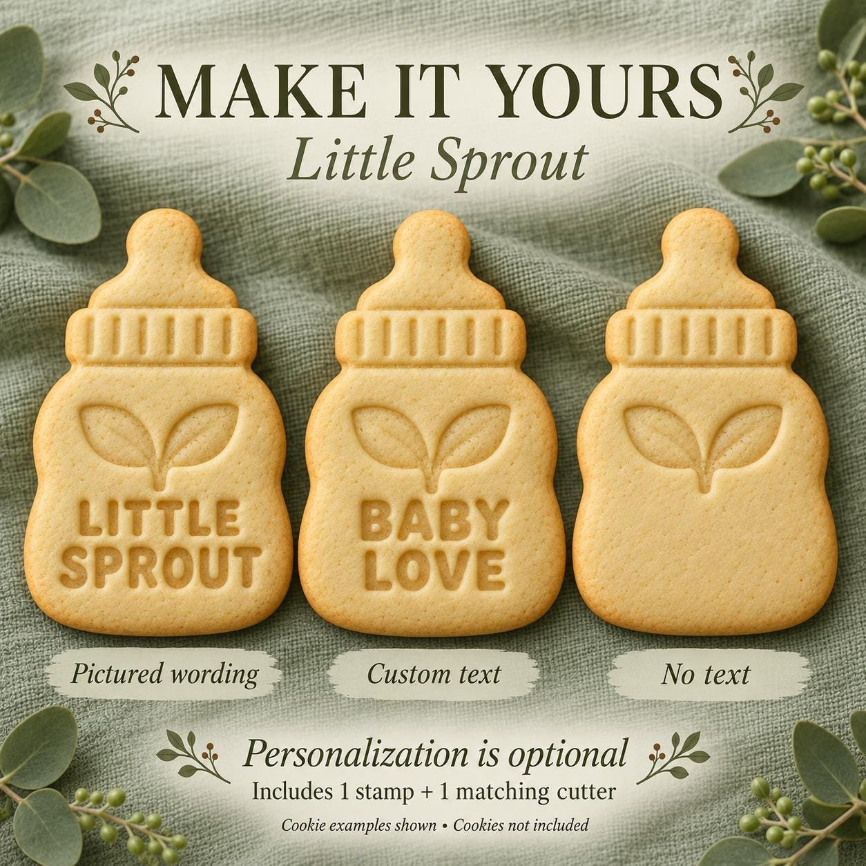 Little Sprout Baby Bottle Cookie Stamp and Cutter, Optional Name, Botanical Baby Shower - Image 2