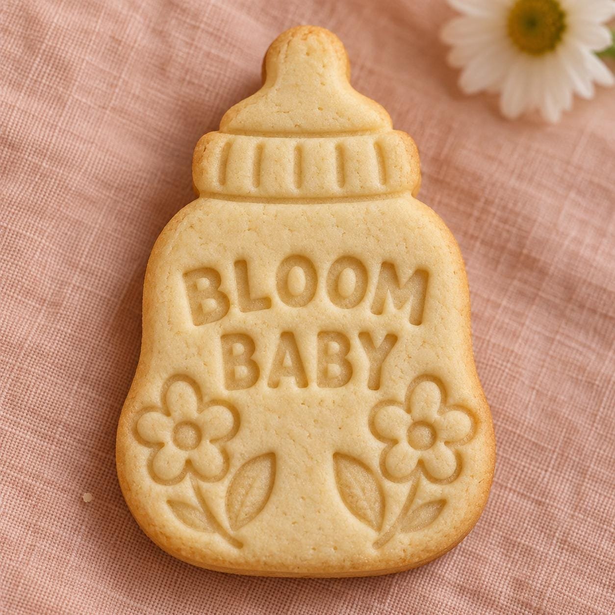 Daisy Baby Bottle Cookie Stamp and Cutter, Optional Custom Name, Bloom Baby Shower