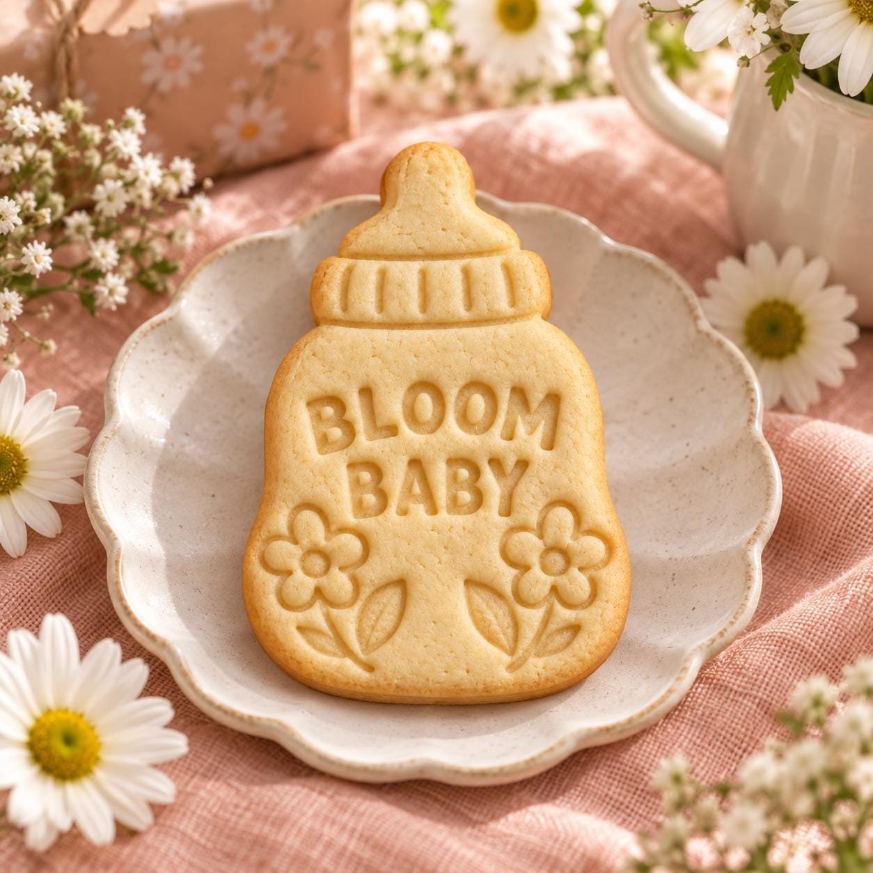 Daisy Baby Bottle Cookie Stamp and Cutter, Optional Custom Name, Bloom Baby Shower - Image 3