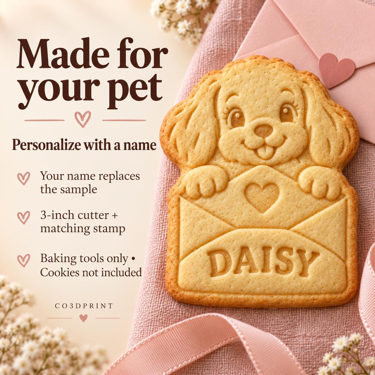 Personalized Puppy Love Cookie Cutter and Stamp, Dog with Heart Envelope, Pet Name, 3 Inch - Image 2