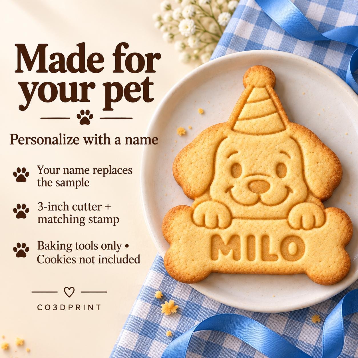Personalized Pet Cookie Cutter and Stamp, Choose 1 of 6 Dog and Cat Designs, Custom Name, 3 Inch - Image 2