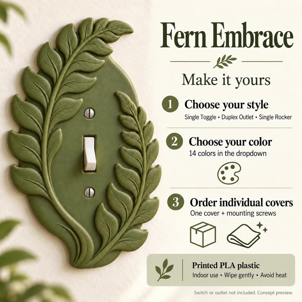 Fern Switch Plate & Outlet Cover, Botanical Leaf Toggle, Rocker or Duplex - Image 6
