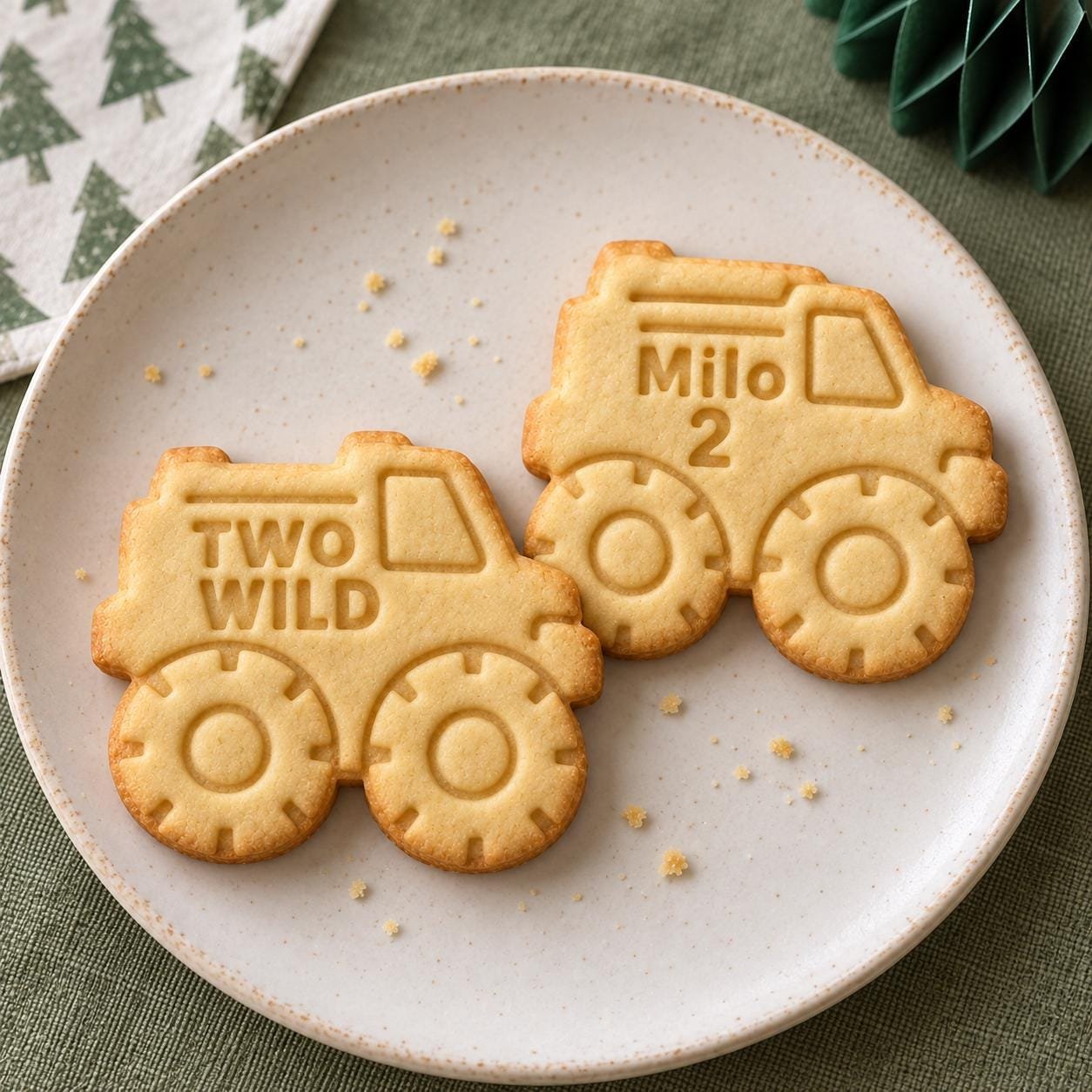 Two Wild Monster Truck Cookie Stamp and Cutter, Personalized 3-Inch Birthday Set