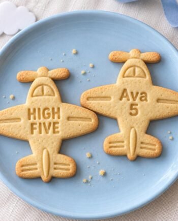 High Five Airplane Cookie Stamp and Cutter, Personalized 3-Inch Fifth Birthday Set