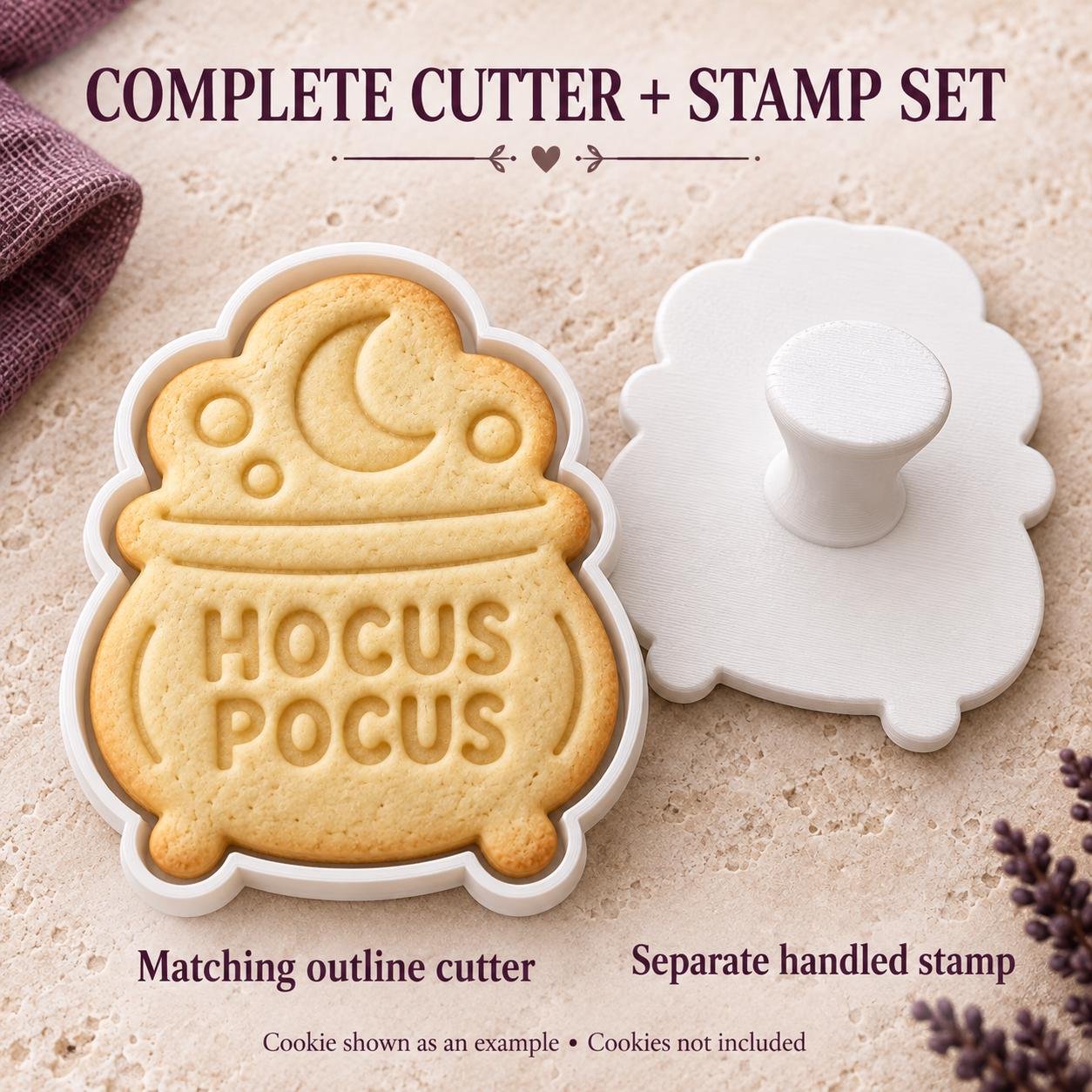Personalized Cauldron Cookie Cutter and Stamp Set, Hocus Pocus Halloween, Custom Text, 3 Inch - Image 2