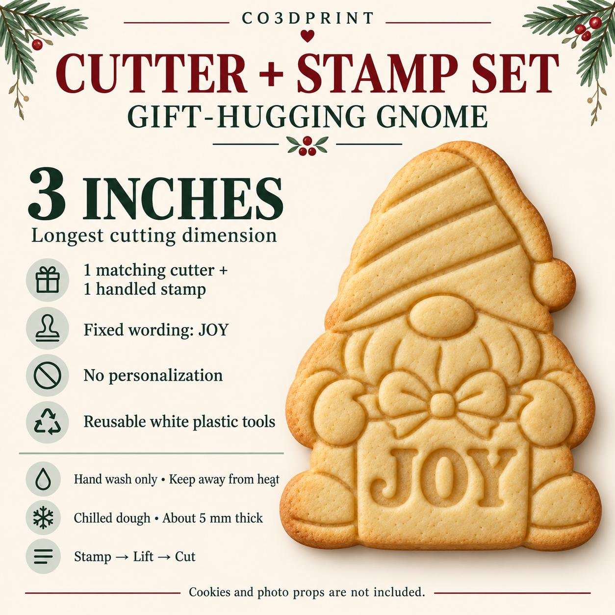 Gnome Cookie Cutter and Stamp Set, JOY Christmas Gift Gnome, Holiday Baking Tool, 3 Inch - Image 3
