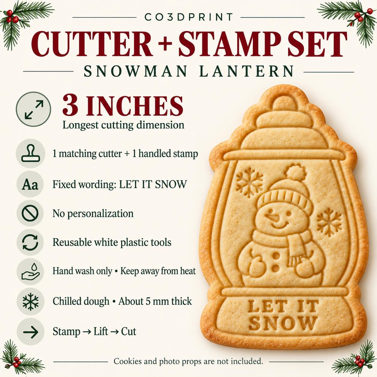 Snowman Cookie Cutter and Stamp Set, Let It Snow Lantern, Christmas Winter Baking Tool, 3 Inch - Image 3
