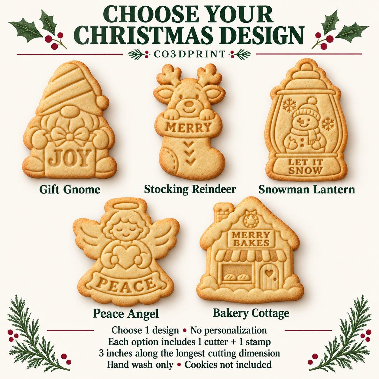 Christmas Cookie Cutter and Stamp Set, Choose 1 of 5 Gnome Reindeer Snowman Angel House Designs, 3 Inch - Image 3