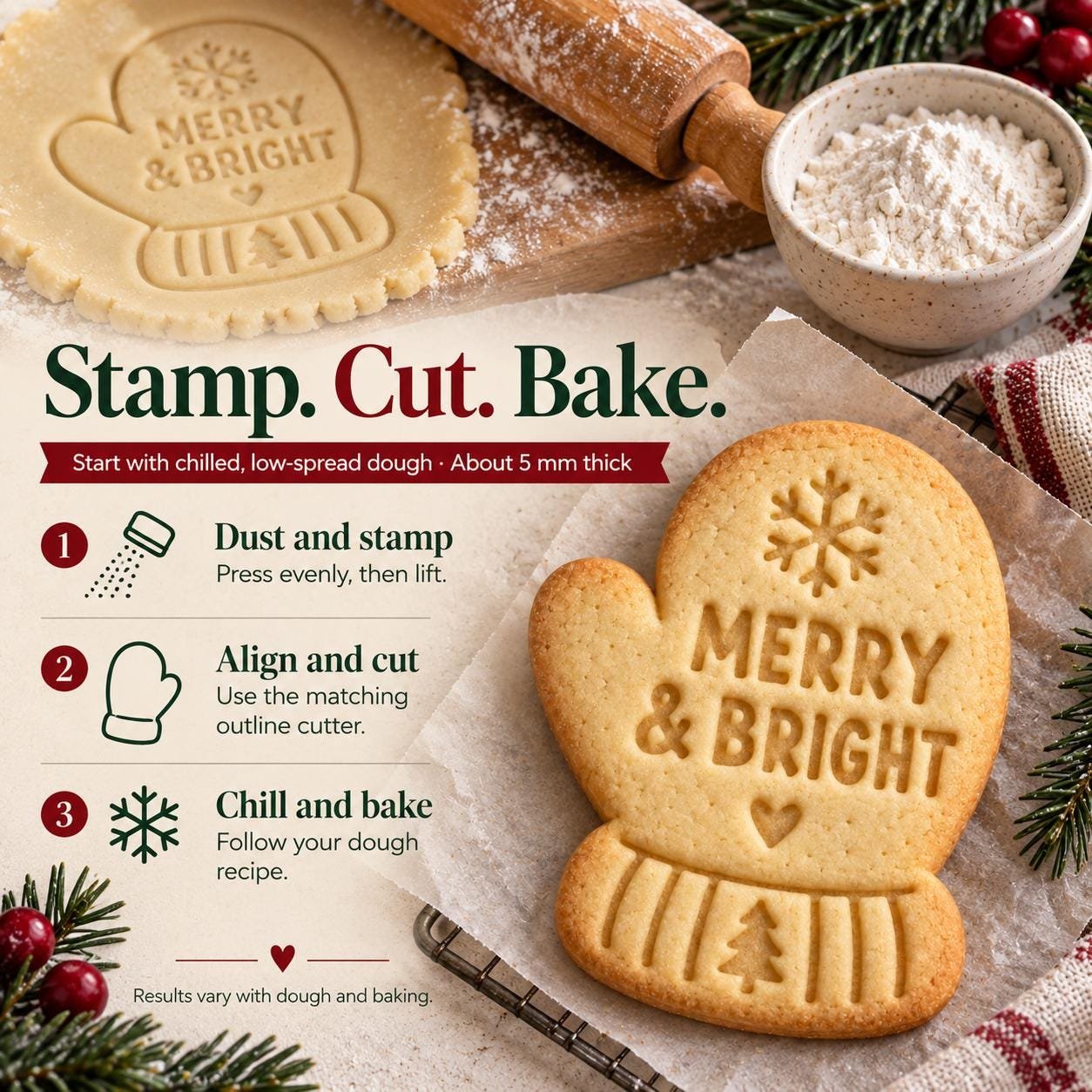 Personalized Mitten Cookie Stamp and Cutter, 3-Inch Christmas Baking Set - Image 5